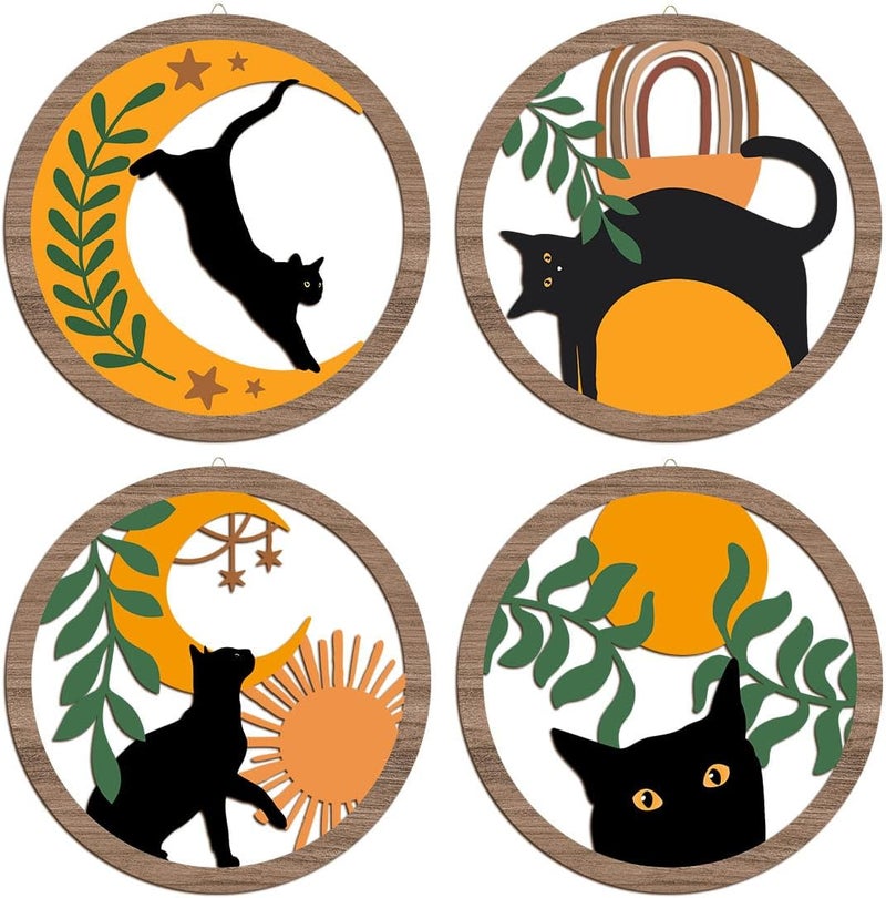 XFN 4PCs 3D Boho Cat Hanging Wooden Wall Art Wall Decor, Botanical Wall Decor Bohemian Decor, Cat Lover Gifts, Wooden Sign Wood Art Wood Plaque Home Decor for Living Room Bedroom Farmhouse Kitchen - Image 1